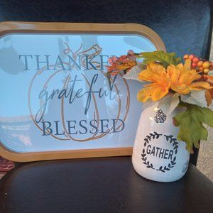 THANKFUL GRATEFUL BLESSED SERVING TRAY W/FLORAL CERAMIC JAR